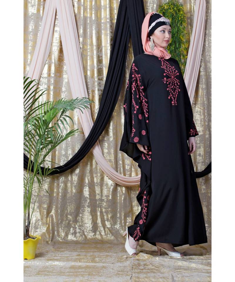 Black Nazneen Embroidered Butterfly Sleeve  Party  Abaya