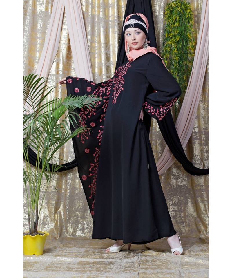 Black Nazneen Embroidered Butterfly Sleeve  Party  Abaya