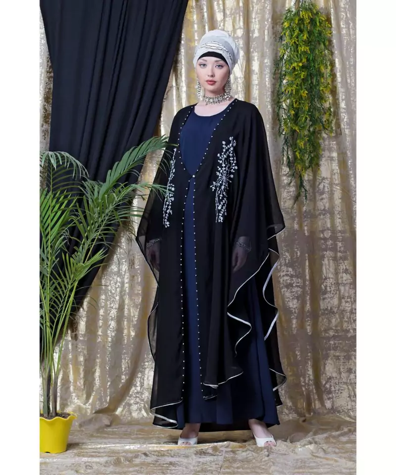 Blue Nazneen Embroidered Butterfly Upper With Inner Abaya Cum Kaftan