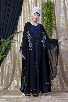 Blue and Black Georgette Sequin Abaya