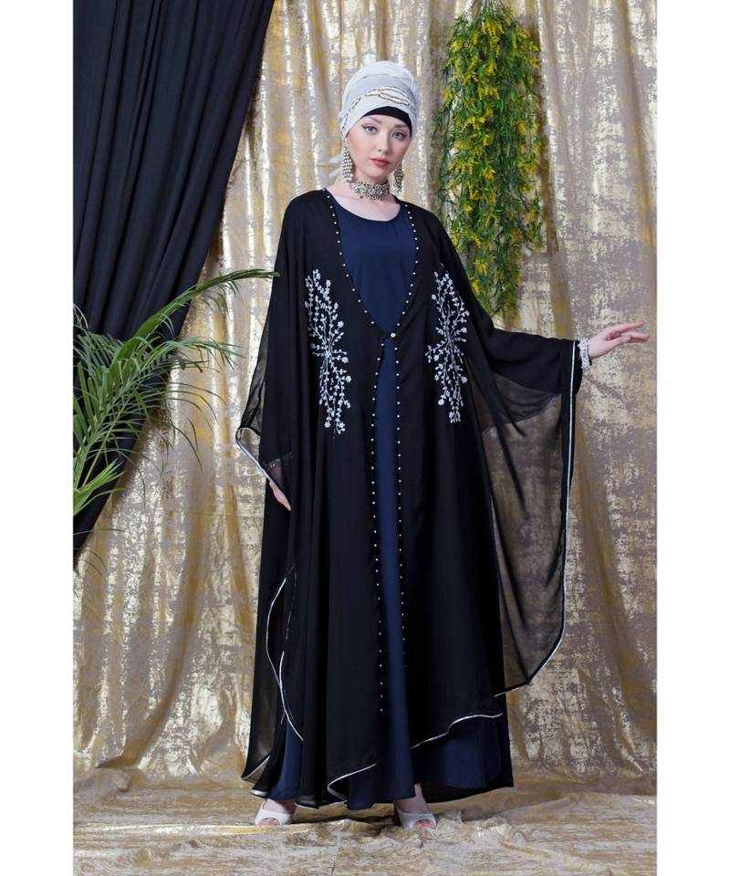 Blue and Black Georgette Sequin Abaya