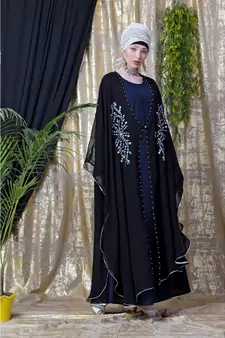 Blue and Black Georgette Sequin Abaya