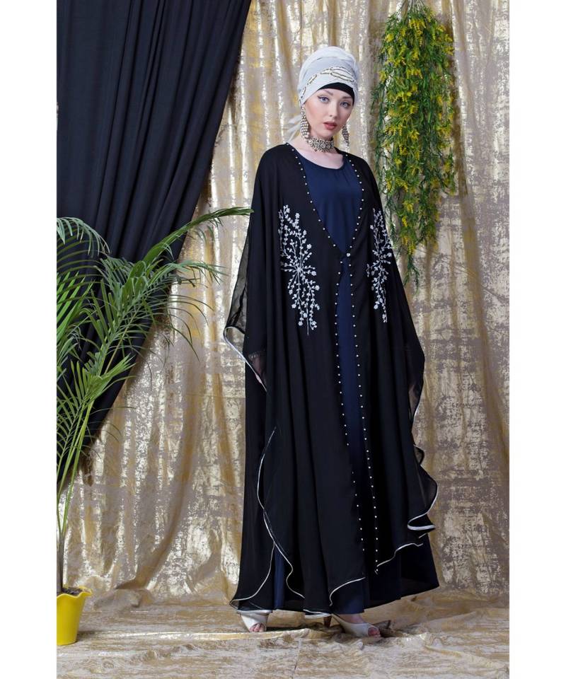 Blue and Black Georgette Sequin Abaya