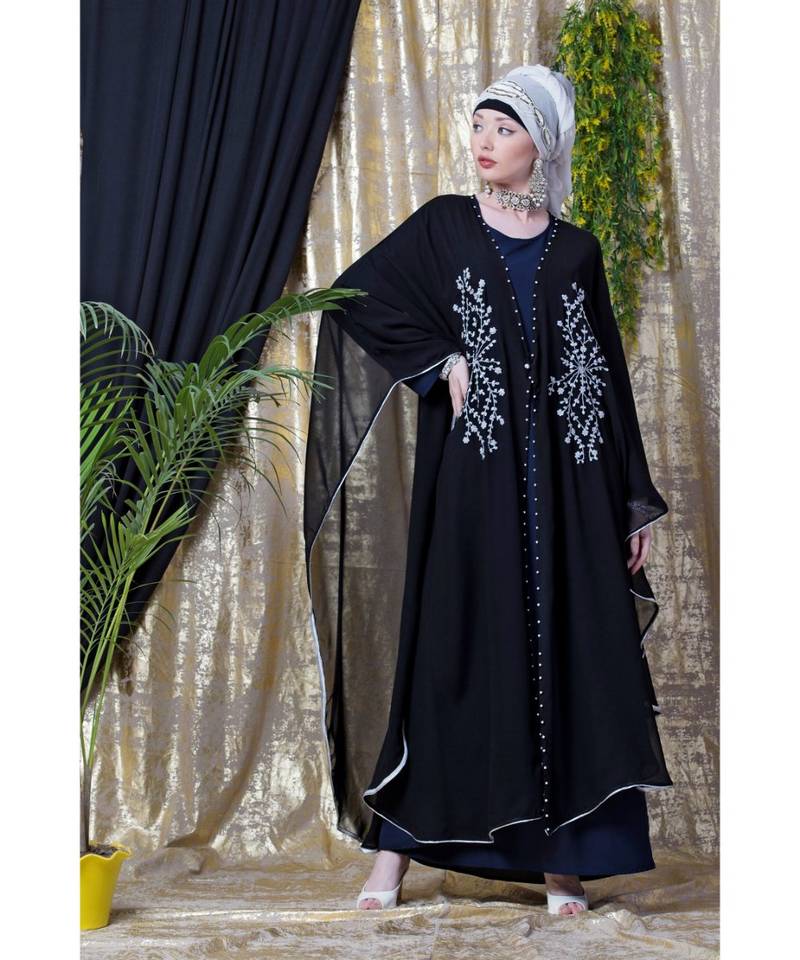 Blue and Black Georgette Sequin Abaya