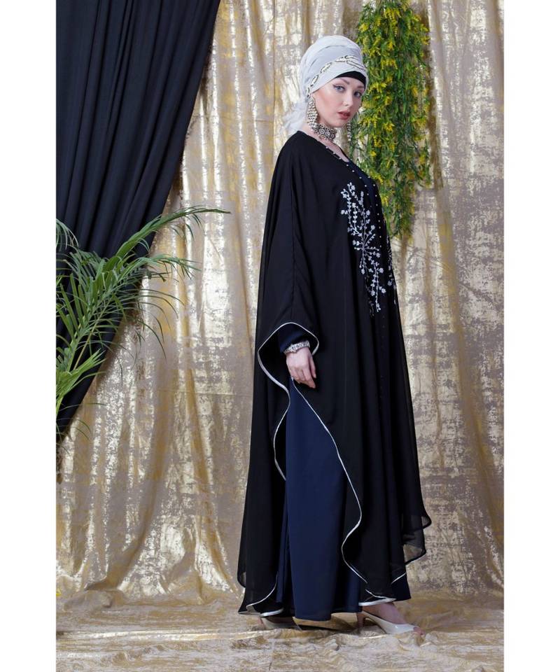 Blue and Black Georgette Sequin Abaya