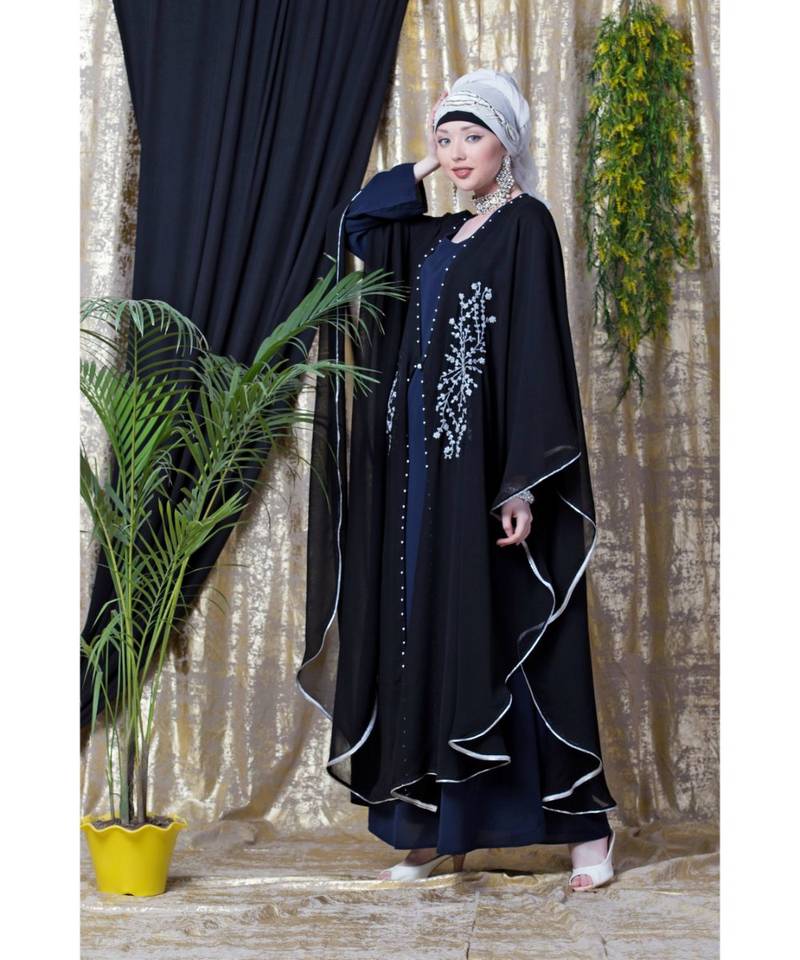 Blue and Black Georgette Sequin Abaya