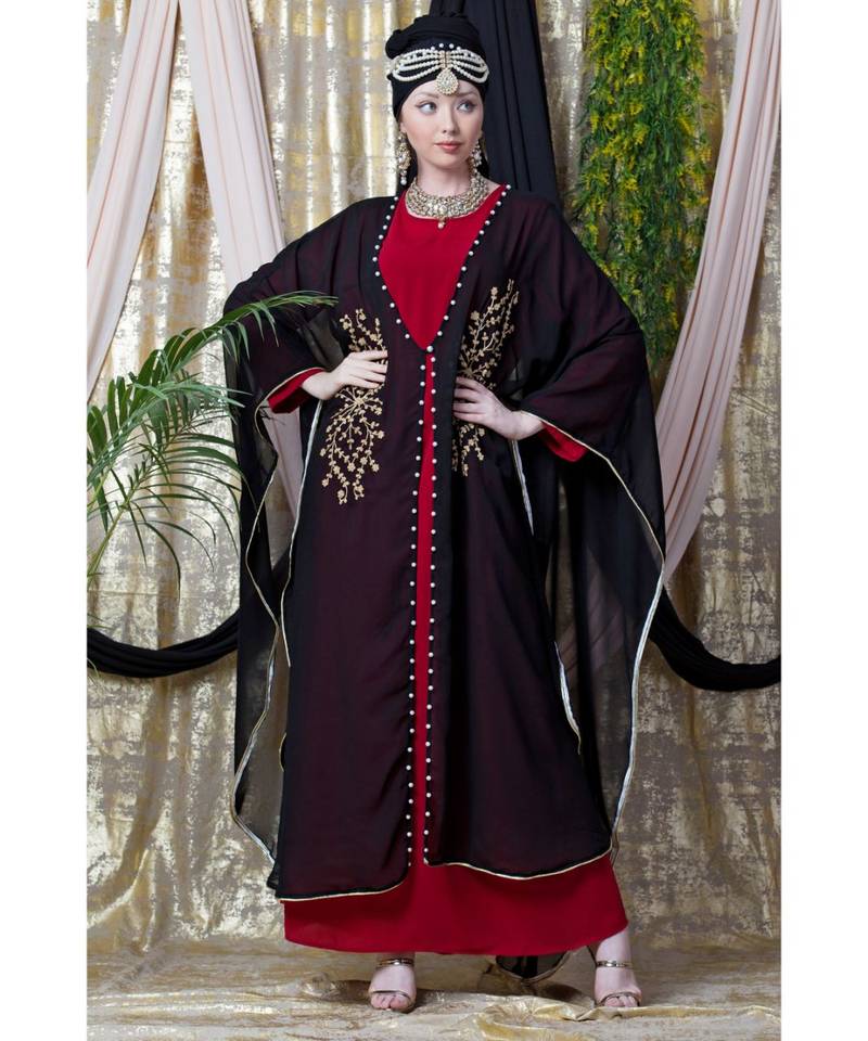 Maroon Nazneen Embroidered Butterfly Upper With Inner Abaya Cum Kaftan