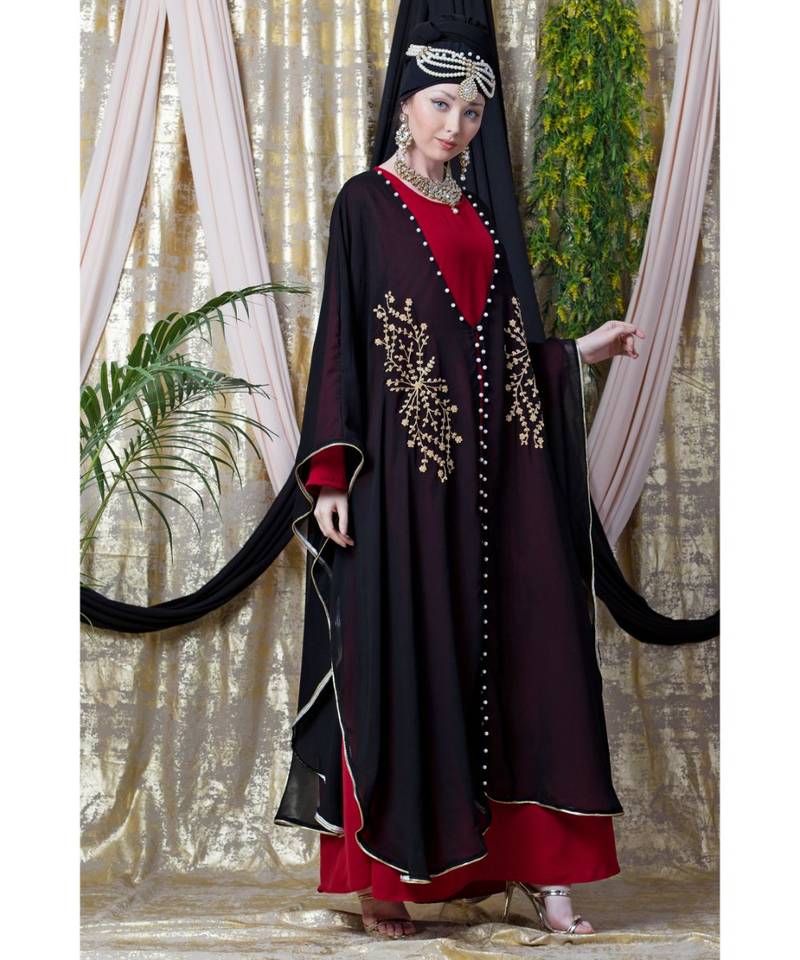 Maroon Nazneen Embroidered Butterfly Upper With Inner Abaya Cum Kaftan