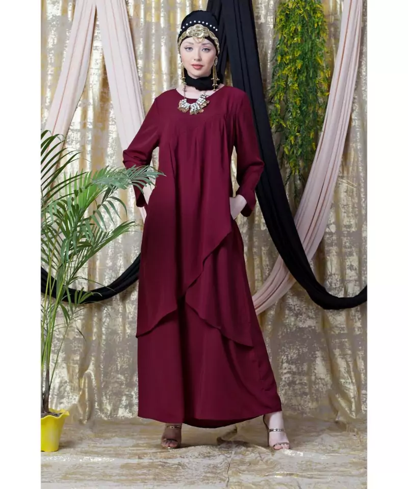Maroon Nazneen Overlapped Panel Casual Abaya