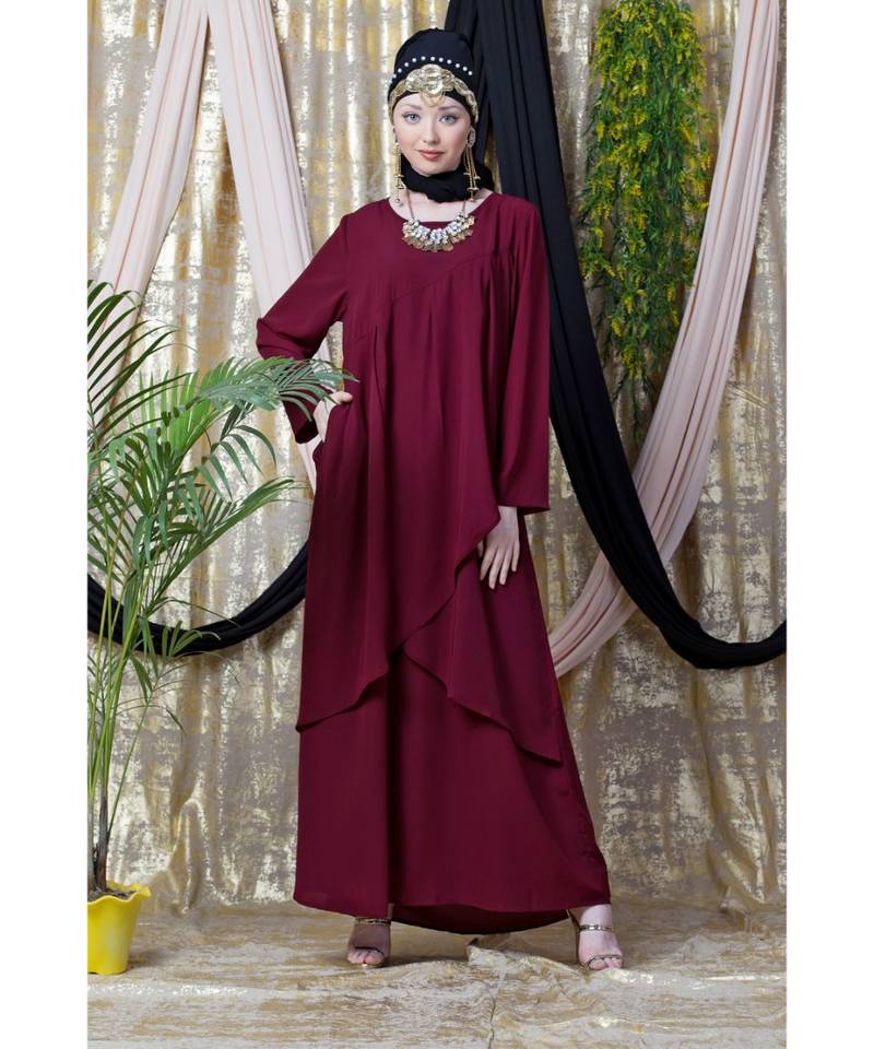 Maroon Nazneen Overlapped Panel Casual Abaya