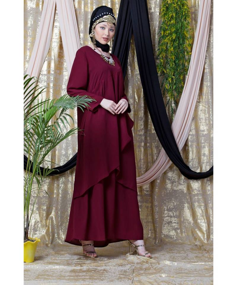Maroon Nazneen Overlapped Panel Casual Abaya