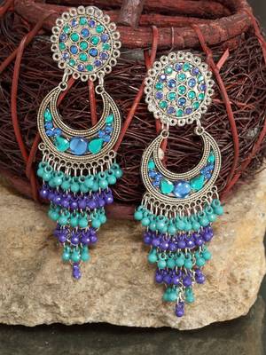 Blue Beads and Stones Hanging Design Oxidised Silver Plated German Silver Chandbalis 1