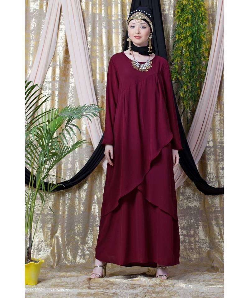Maroon Nazneen Overlapped Panel Casual Abaya