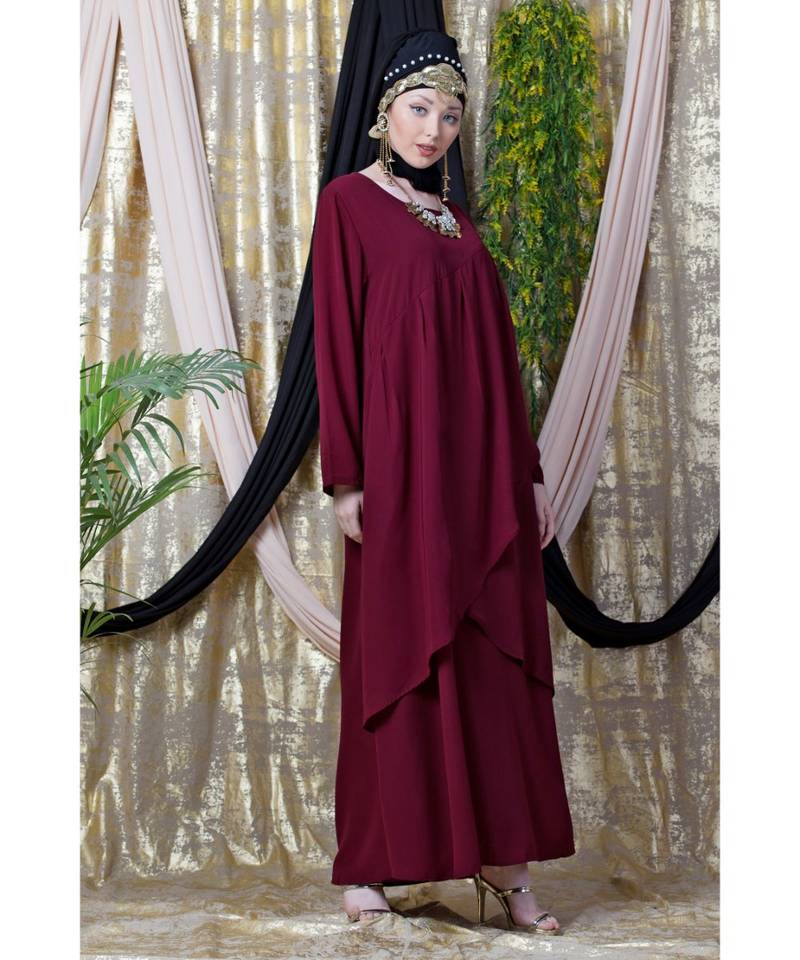 Maroon Nazneen Overlapped Panel Casual Abaya
