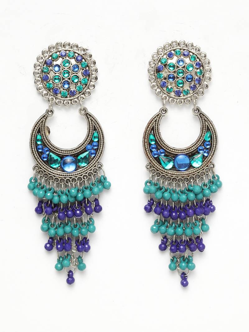 Blue Beads and Stones Hanging Design Oxidised Silver Plated German Silver Chandbalis