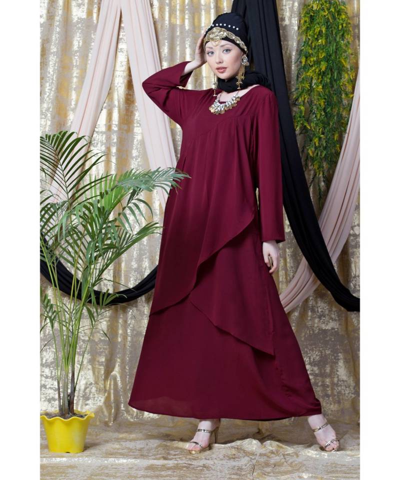 Maroon Nazneen Overlapped Panel Casual Abaya