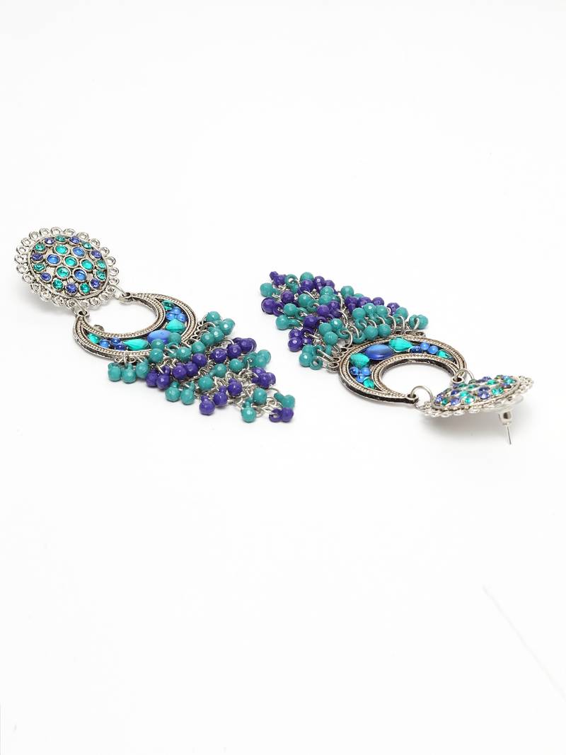 Blue Beads and Stones Hanging Design Oxidised Silver Plated German Silver Chandbalis