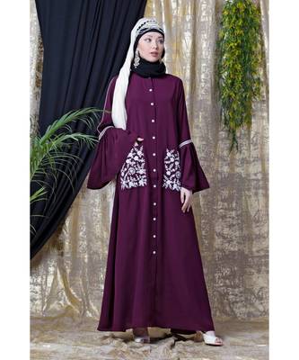 Purple Nazneen Embroidered Pocket, Bell Sleeve Casual Abaya 1