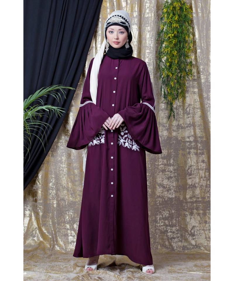 Purple Nazneen Embroidered Pocket, Bell Sleeve Casual Abaya