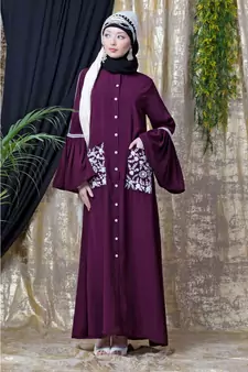 Purple Nazneen Embroidered Pocket, Bell Sleeve Casual Abaya