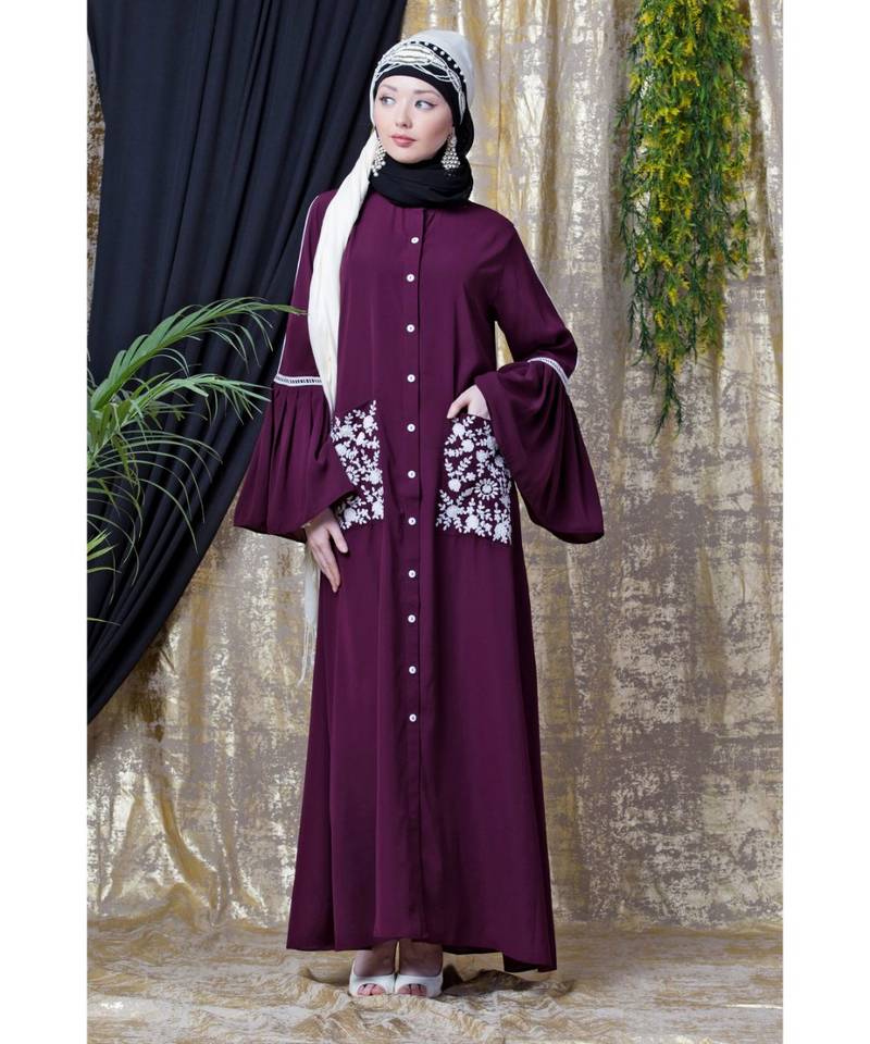 Purple Nazneen Embroidered Pocket, Bell Sleeve Casual Abaya