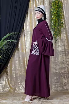 Purple Nazneen Embroidered Pocket, Bell Sleeve Casual Abaya