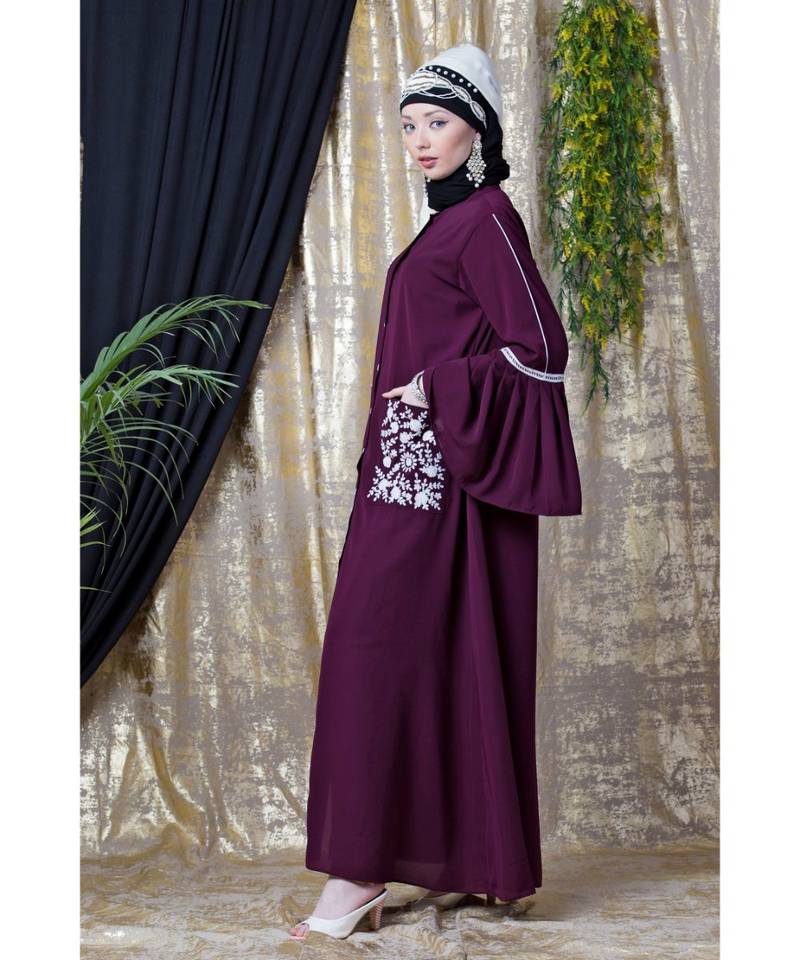 Purple Nazneen Embroidered Pocket, Bell Sleeve Casual Abaya
