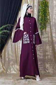 Purple Nazneen Embroidered Pocket, Bell Sleeve Casual Abaya
