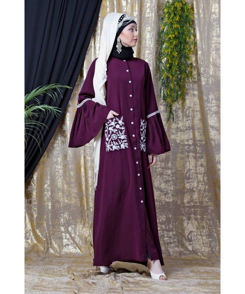 Purple Nazneen Embroidered Pocket, Bell Sleeve Casual Abaya