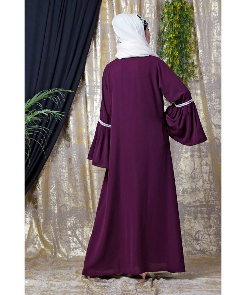 Purple Nazneen Embroidered Pocket, Bell Sleeve Casual Abaya
