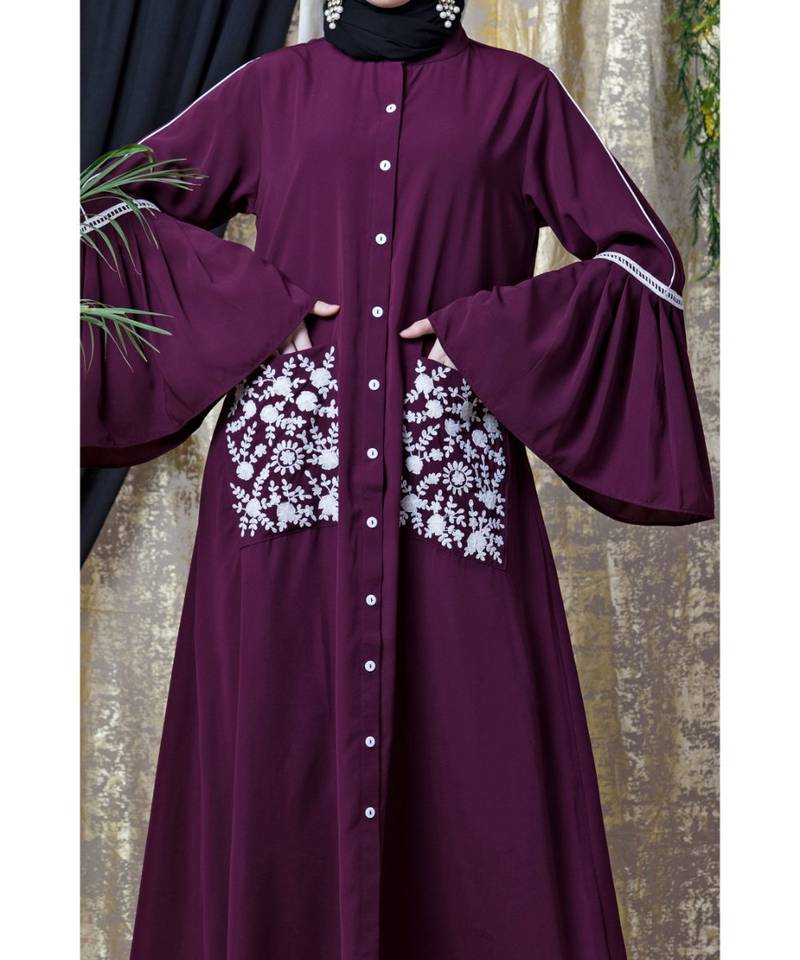 Purple Nazneen Embroidered Pocket, Bell Sleeve Casual Abaya
