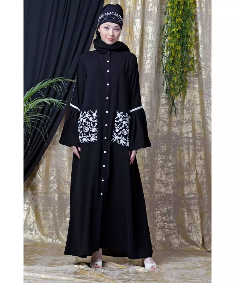 Black Nazneen Embroidered Pocket, Bell Sleeve Casual Abaya