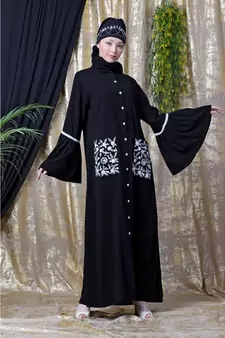 Black Nazneen Embroidered Pocket, Bell Sleeve Casual Abaya