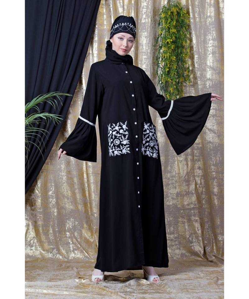 Black Nazneen Embroidered Pocket, Bell Sleeve Casual Abaya