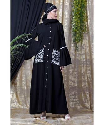 Black Nazneen Embroidered Pocket, Bell Sleeve Casual Abaya 3