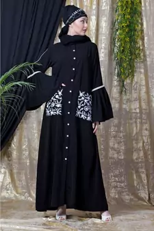 Black Nazneen Embroidered Pocket, Bell Sleeve Casual Abaya