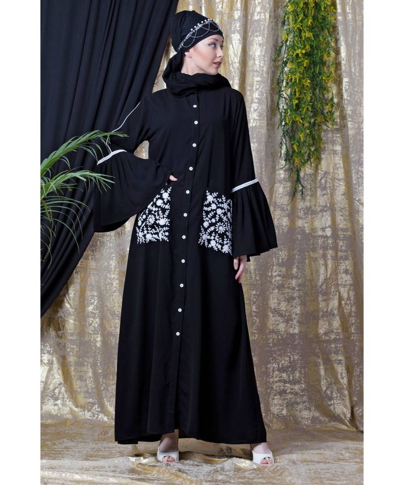 Black Nazneen Embroidered Pocket, Bell Sleeve Casual Abaya