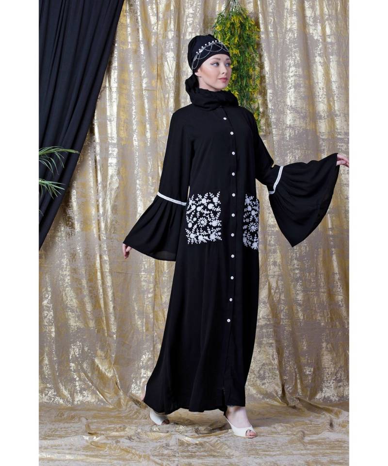 Black Nazneen Embroidered Pocket, Bell Sleeve Casual Abaya
