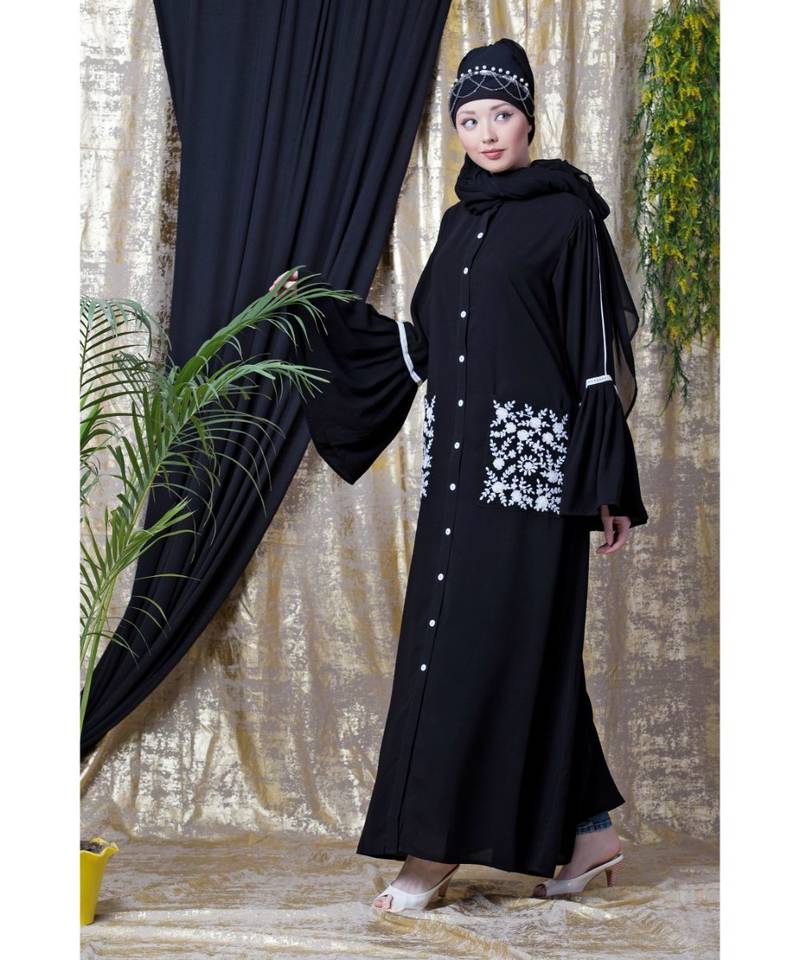 Black Nazneen Embroidered Pocket, Bell Sleeve Casual Abaya