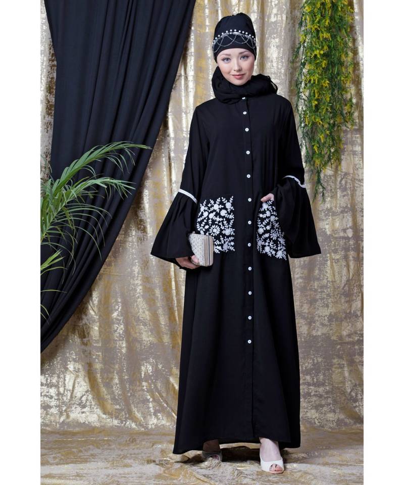 Black Nazneen Embroidered Pocket, Bell Sleeve Casual Abaya
