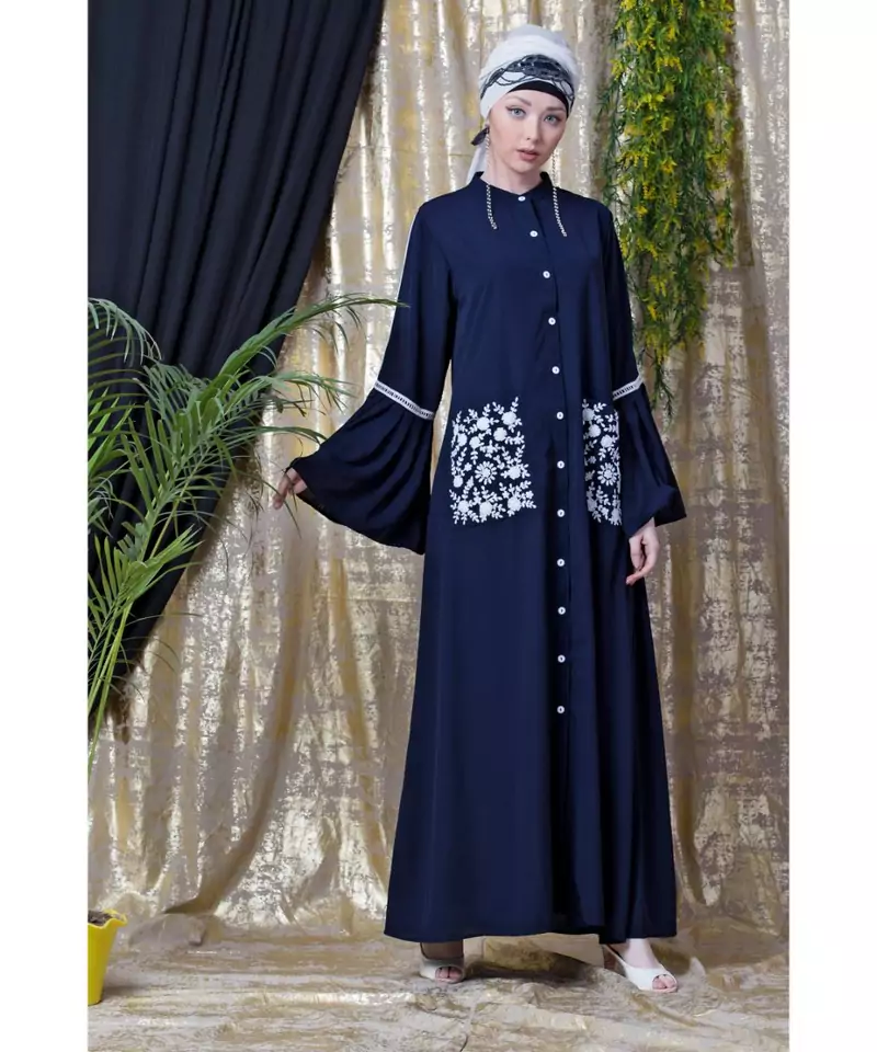Blue Nazneen Embroidered Pocket, Bell Sleeve Casual Abaya
