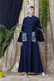 Blue Nazneen Embroidered Pocket, Bell Sleeve Casual Abaya