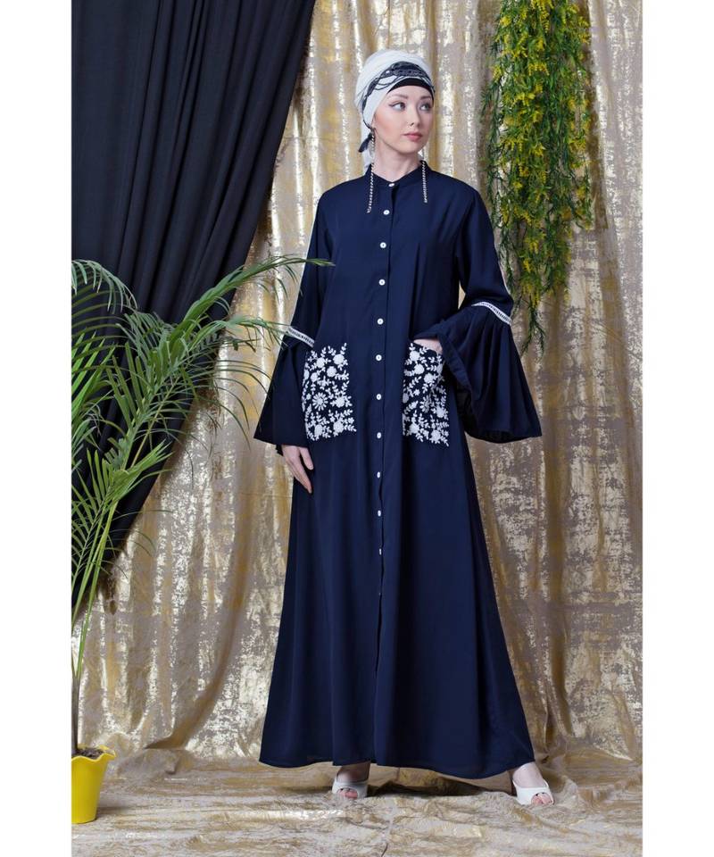 Blue Nazneen Embroidered Pocket, Bell Sleeve Casual Abaya