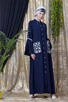 Blue Nazneen Embroidered Pocket, Bell Sleeve Casual Abaya