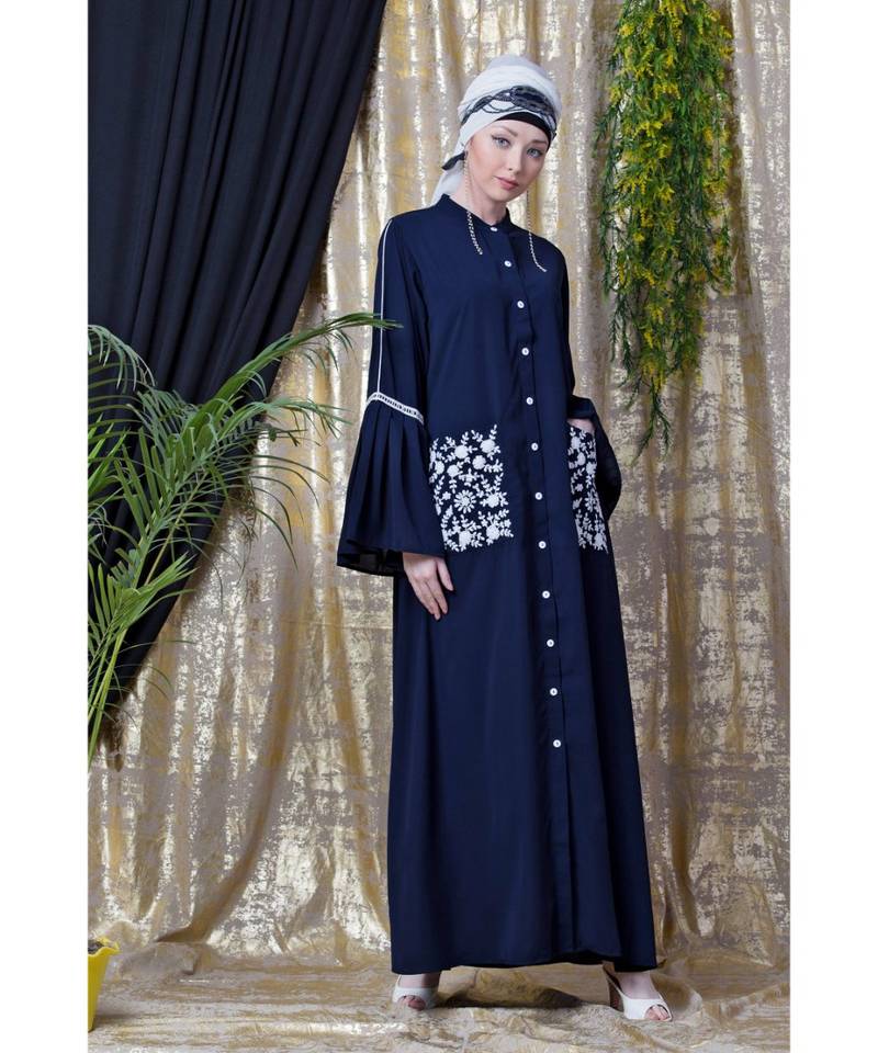 Blue Nazneen Embroidered Pocket, Bell Sleeve Casual Abaya