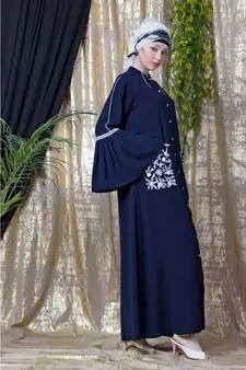 Blue Nazneen Embroidered Pocket, Bell Sleeve Casual Abaya
