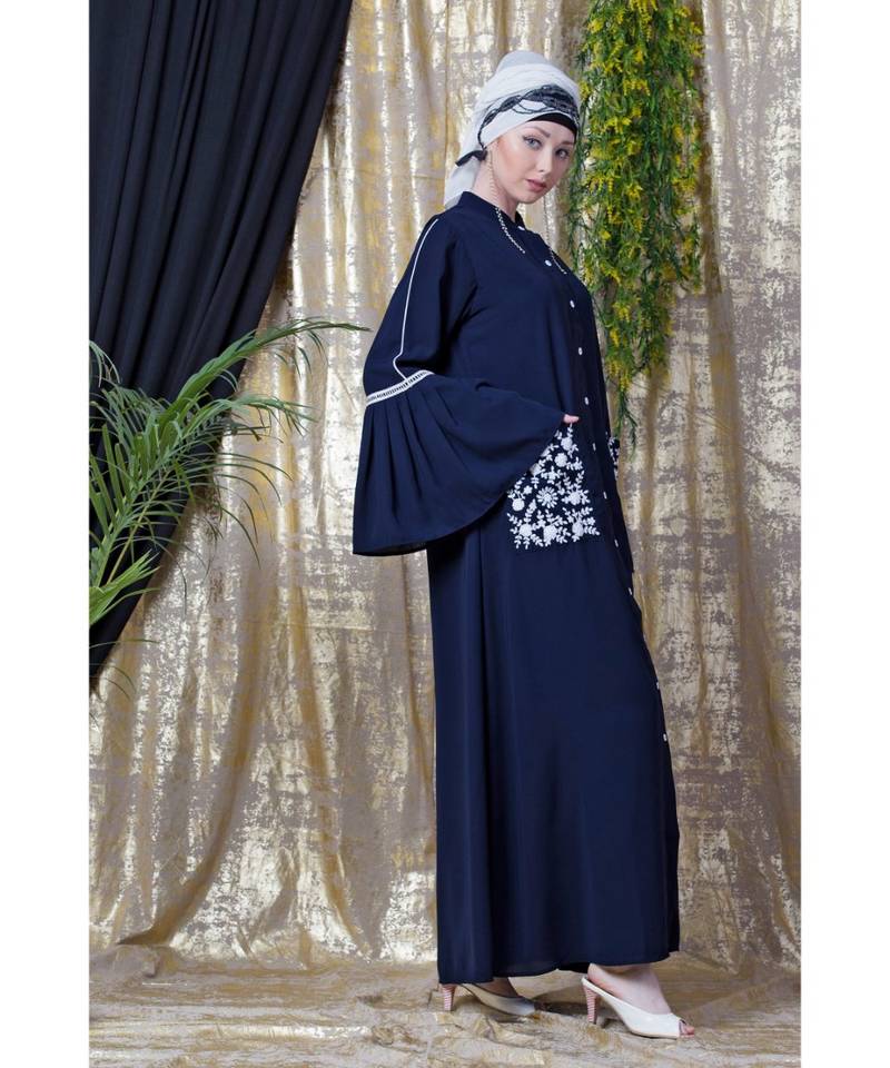 Blue Nazneen Embroidered Pocket, Bell Sleeve Casual Abaya