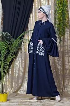 Blue Nazneen Embroidered Pocket, Bell Sleeve Casual Abaya