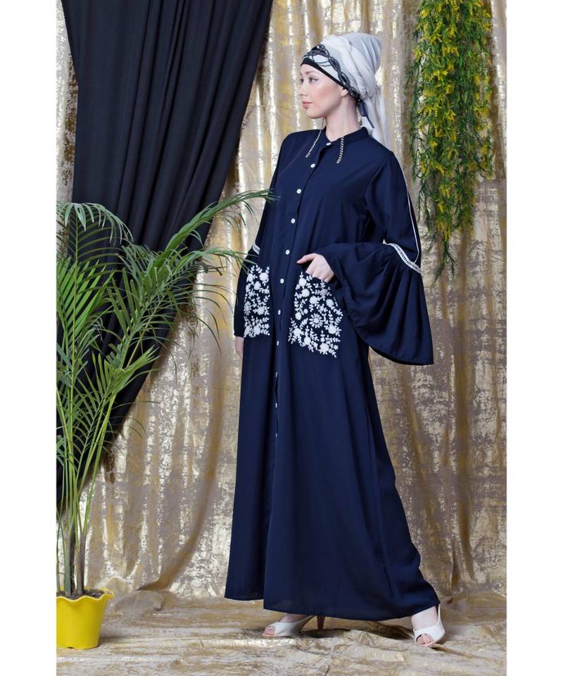 Blue Nazneen Embroidered Pocket, Bell Sleeve Casual Abaya