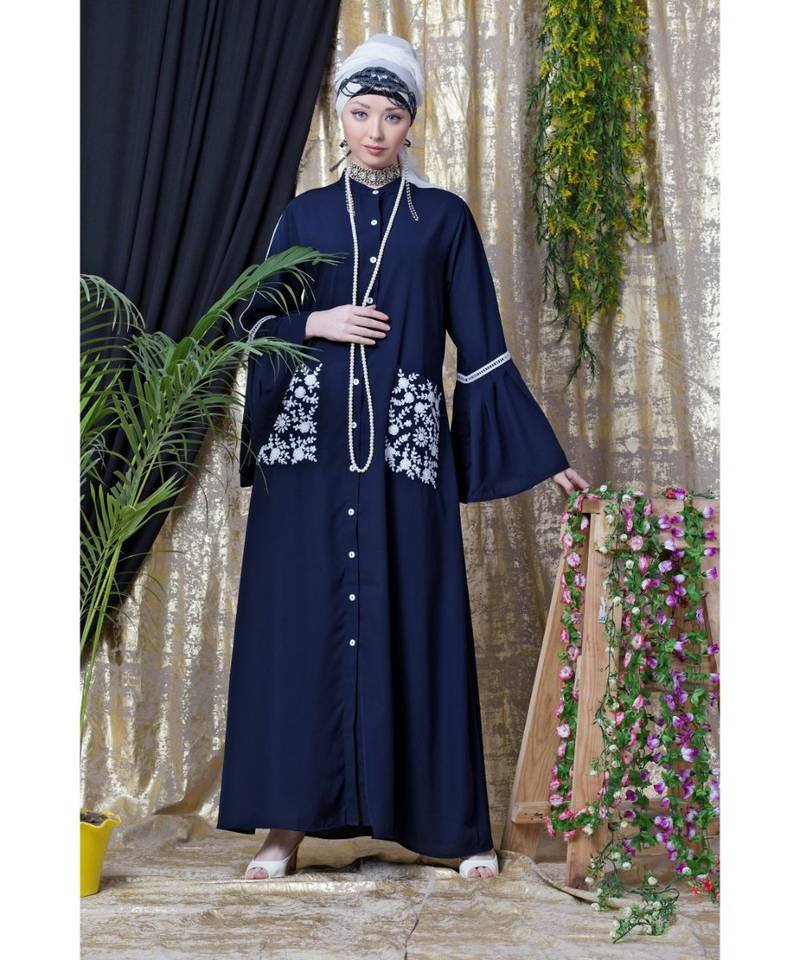 Blue Nazneen Embroidered Pocket, Bell Sleeve Casual Abaya